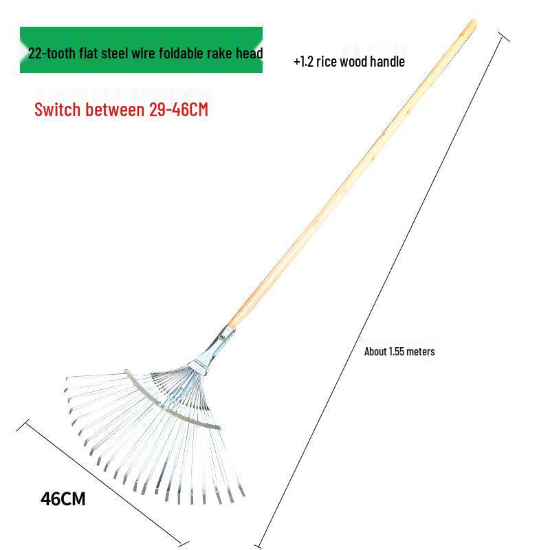 Garden Rake with Long Wooden Handle for Lawn and Leaves