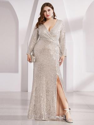 Ever-Pretty Abito da sera da donna con scollo a V e maniche lunghe con paillettes taglie forti. Abiti da sera con spacco laterale