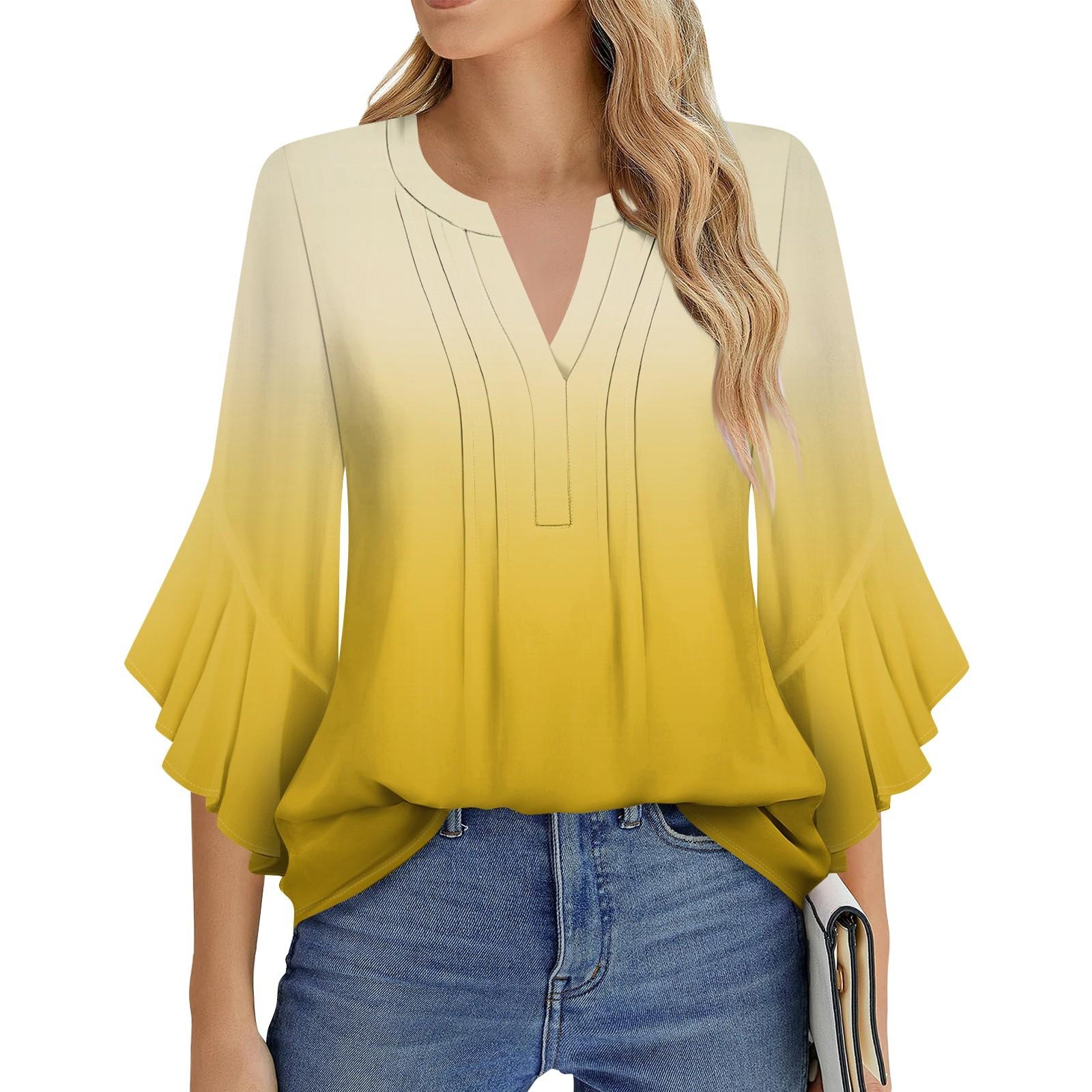 

Женская Мода Повседневная Плиссированная Футболка с V-образным Вырезом Однотонная Рукав Три Четверти Элегантный Топ XL жёлтый