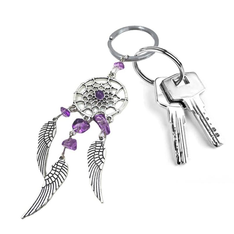 Bohemian Dreamcatcher Alloy Keychain Natural Stone Wing Tassel Keyring For Men Women Bag Pendant Party Gifts Accessories