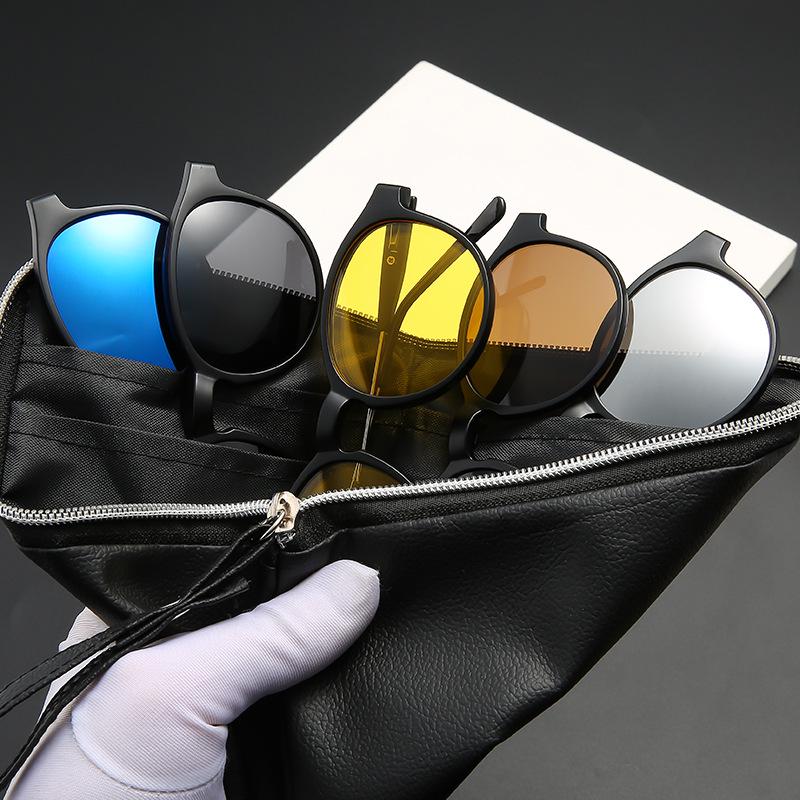 Magnetic Round Frame Polarized Clip-on Sunglasses Set for Men & Women - 5 Interchangeable Lenses