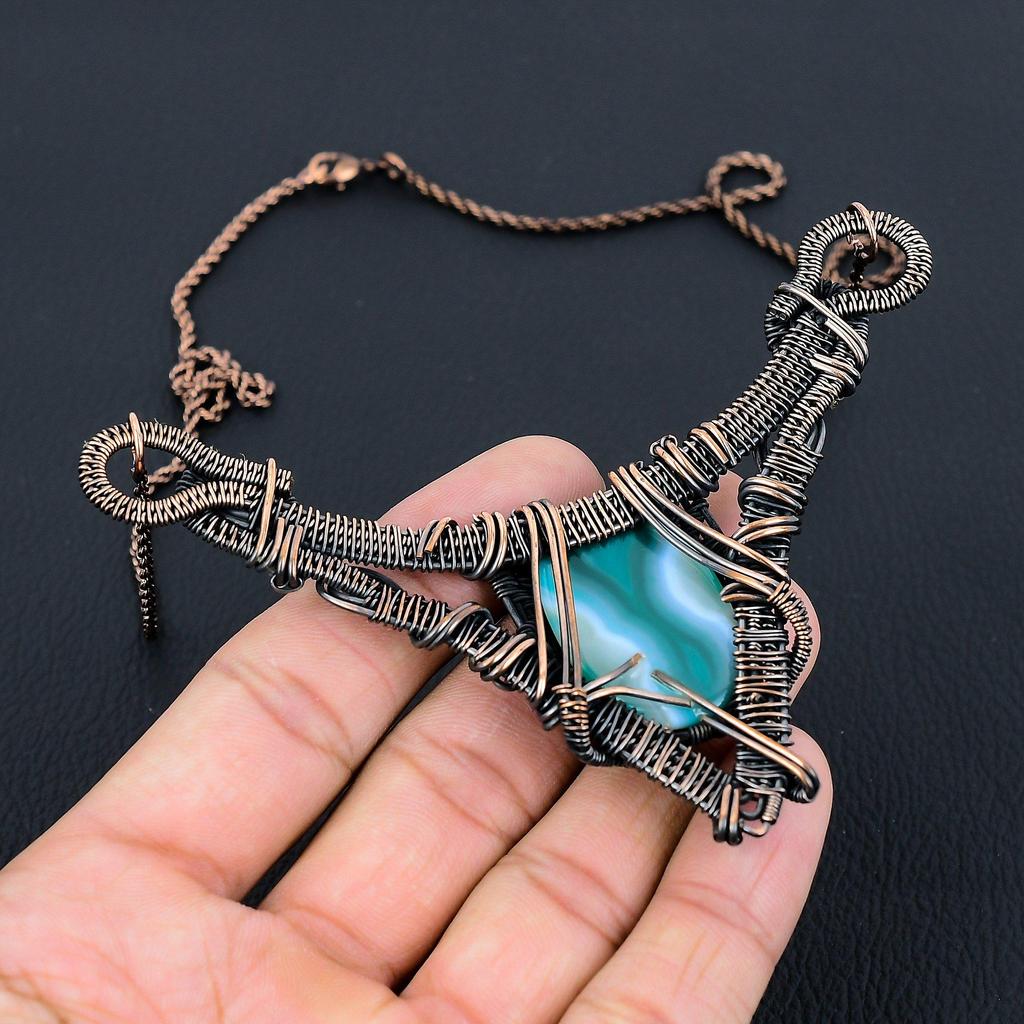 Blue Botswana Agate Gemstone Pure Copper Wire Wrapped Handmade Necklace Jewelry
