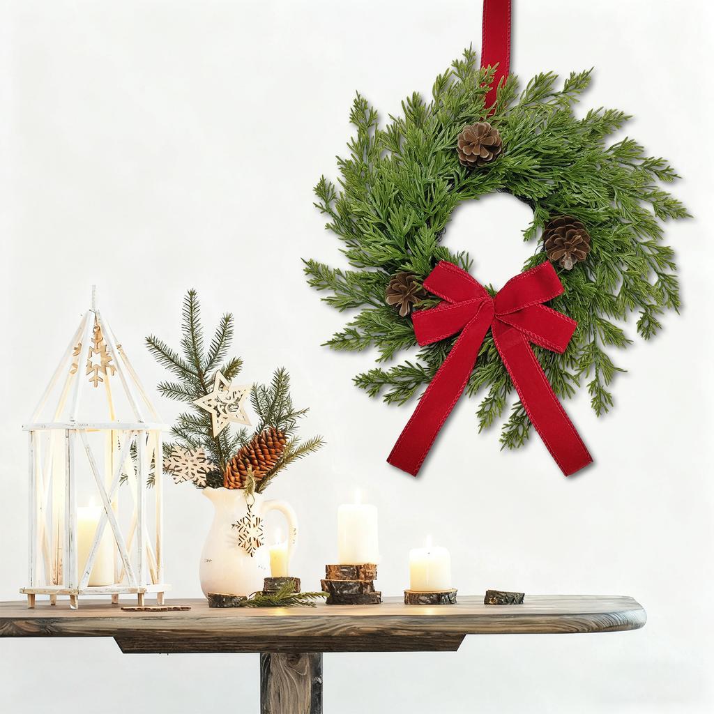 Pre-Lit Artificial Christmas Wreath,  Artificial Christmas Garland For Front Door With Red Bow, Cones, Red Berries,