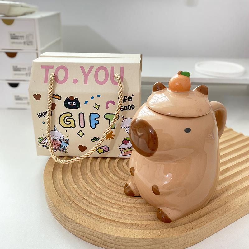 Capybara Tasse kreative Kindertasse Wasserbecher mit Deckel Haushalt Keramiktasse lustige Capybara Tasse