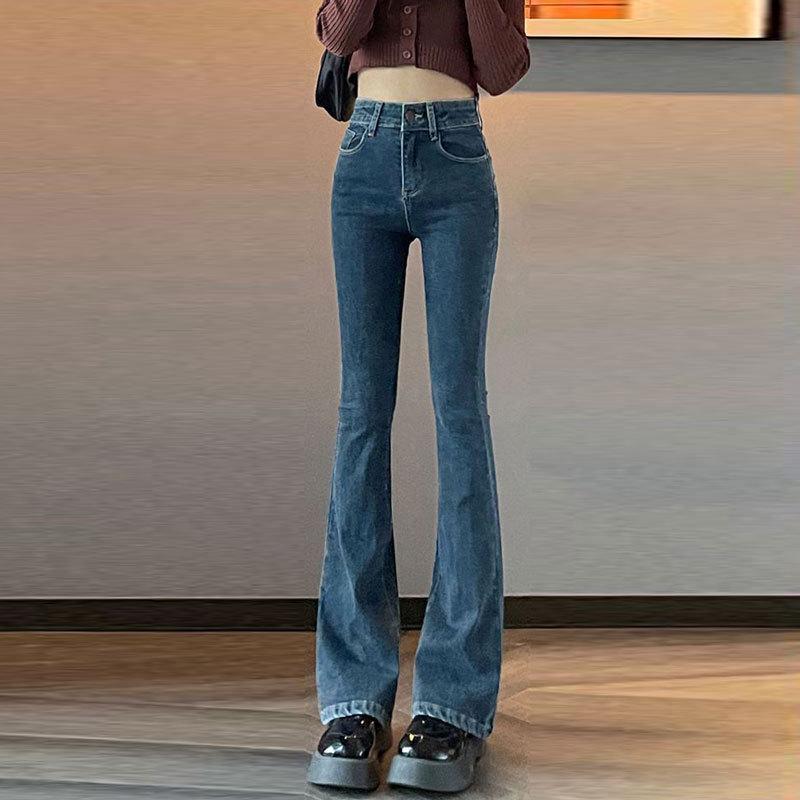 Blaugraue Schlagjeans mit hoher Taille für Damen – schlankmachend, elastisch, kleine Größe, Herbst-/Winter-Stil