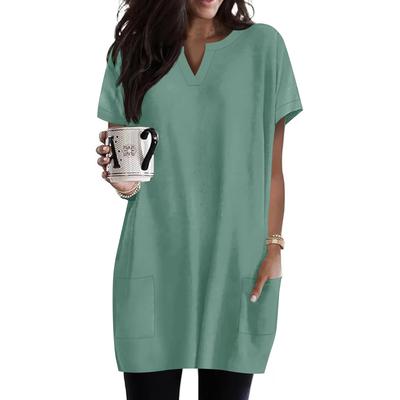 Womens Tops V-neck Short Sleeve Blouses Casual Mid-length Shirts Fashion Print Tunic Tops With Pockets