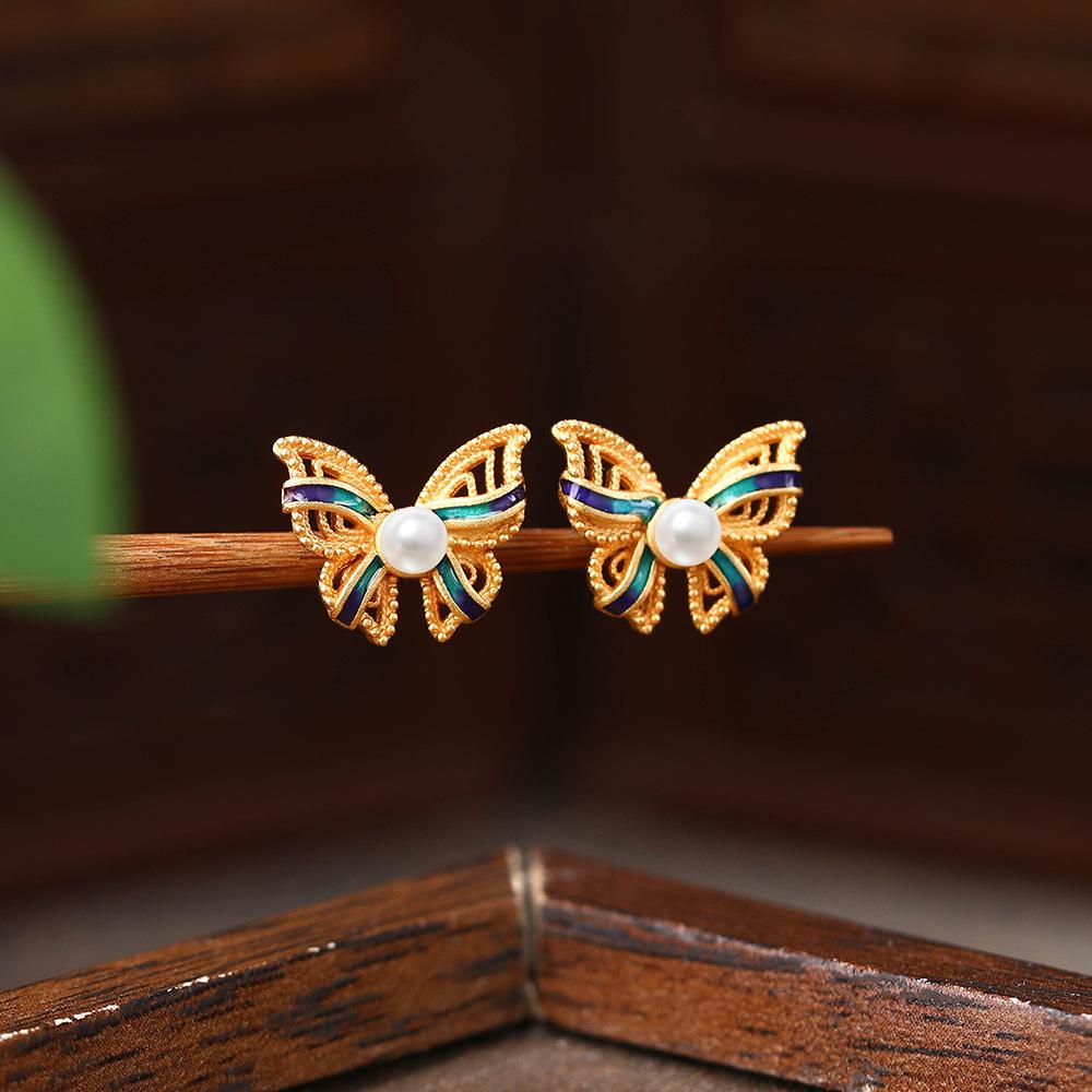 925 Sterling Silver Chinese-Style Butterfly Pearl Earrings with Enamel Color