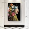Portret faimos Mona Lisa, Fata cu perle Flori Pictură în ulei Imprime pe pânză Poster mural vintage Cuadros Wall Art