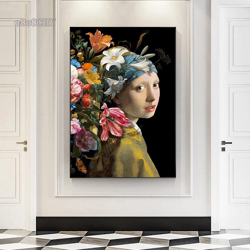 Famous Portrait Mona Lisa, The Girl with Pearls Flowers Oil Painting Prints On Canvas Vintage Mural Poster Cuadros Wall Art