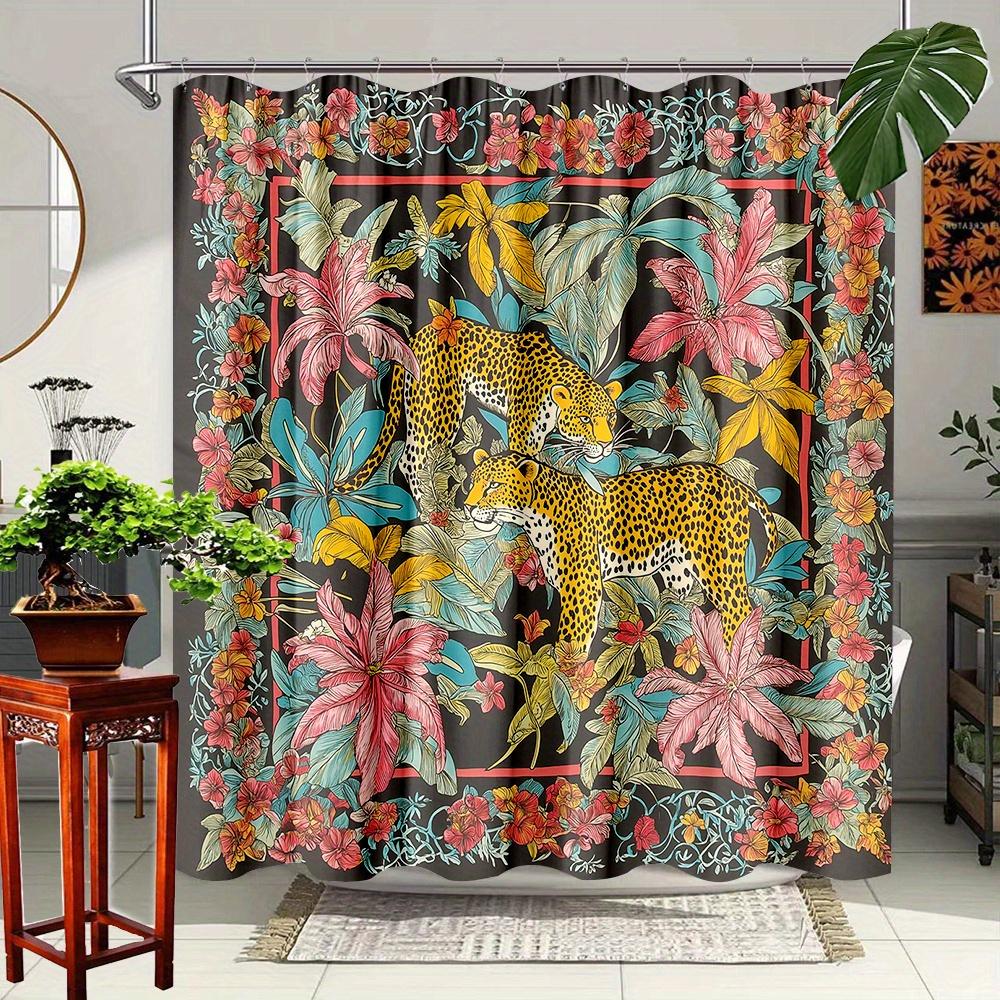 

Tropical Jungle With Leopards And Vibrant Flowers Waterproof Shower Curtain For Modern Bathroom Decor, Perfect For Home Use W60H190(CM)-1 Pcs