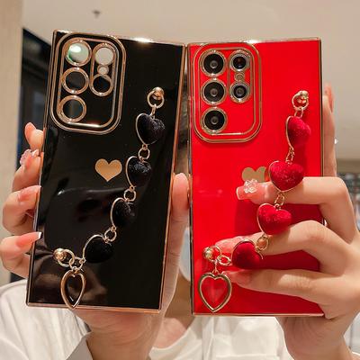 Luxury Plating Case For Samsung S24 S23 S22 Ultra S20 FE S21 Plus A54 A34 A14 A52 A53 A23 A13 Heart Wrist Chain Bracelet Cover