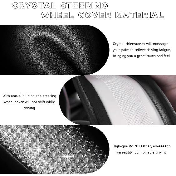 Ziciner Steering Wheel Cover, Bling Crystal Rhinestones Auto Wheel Protector, Sparkly Cover Universal Fit Diverse 14.5-15 Inch Steering Wheel,