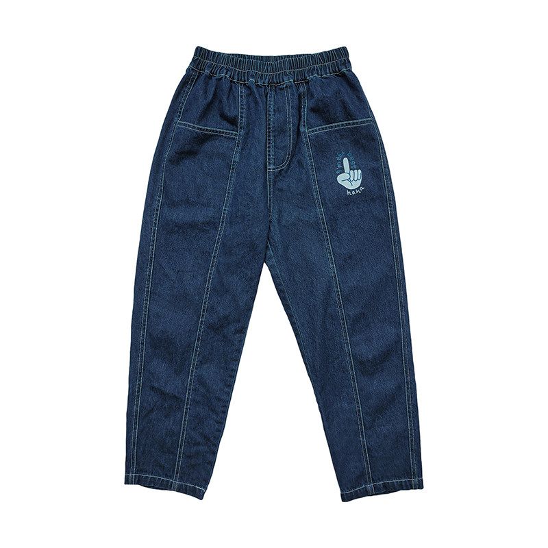 Toothpick Pills and Friends Girls Jeans Thumb Print Trousers Medium and Big Children Thickened Autumn and Winter Pants Blue 105