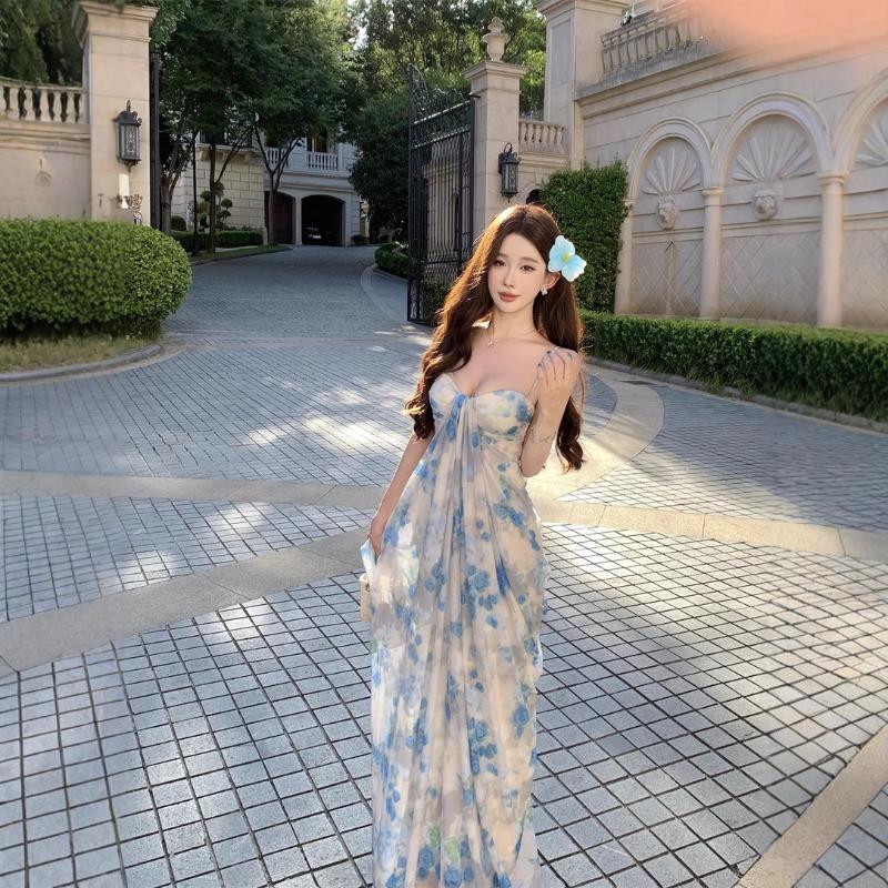 Hainan Seaside Vacation Long Dress French Green Printing Tie-dye Tube Top Suspender Dress Women Mopping The Floor