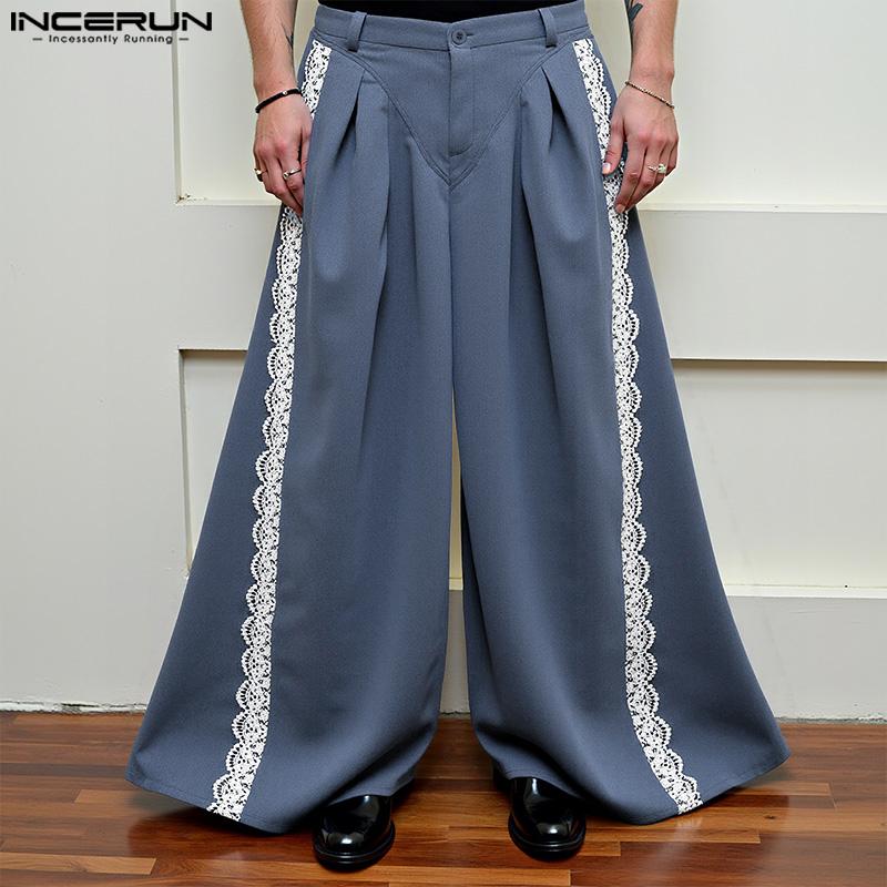 INCERUN Men Casual Zipper Waist Lace Hem Long Wide Legs Pants Trousers