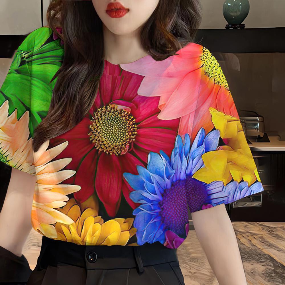 Summer Rainbow Flower 3D Print T-shirts Women Streetwear Casual Fashion Y2k Short Sleeve T Shirt O-neck Tees Tops Clothing