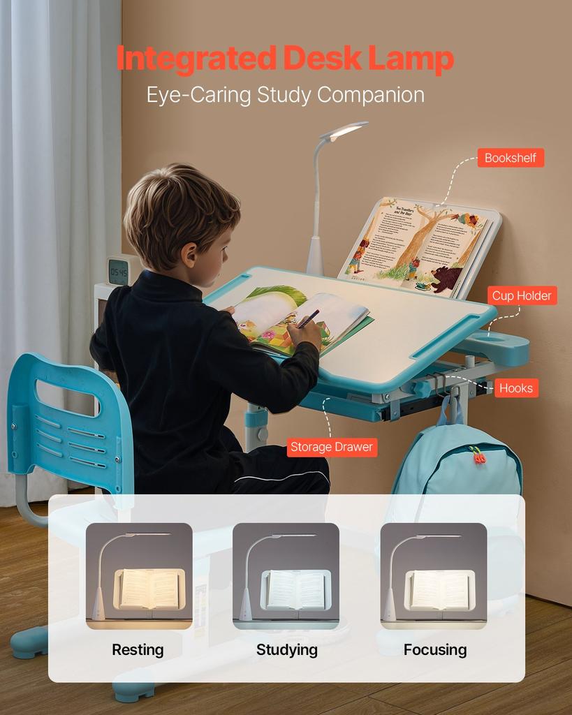 VEVOR Kids Study Chair and Desk Set, Study Desk and Chair for Kids with Table Lamp