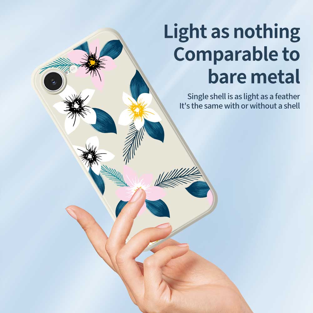 For iPhone 16e Case Pink White Flowers Blue Leaves Pattern Printing Straight Edge TPU Phone Back Cover