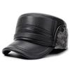 Vintage PU Leather Baseball Cap Men Flat Top Military Hat Winter Outdoor Warm Ear Protection Cap