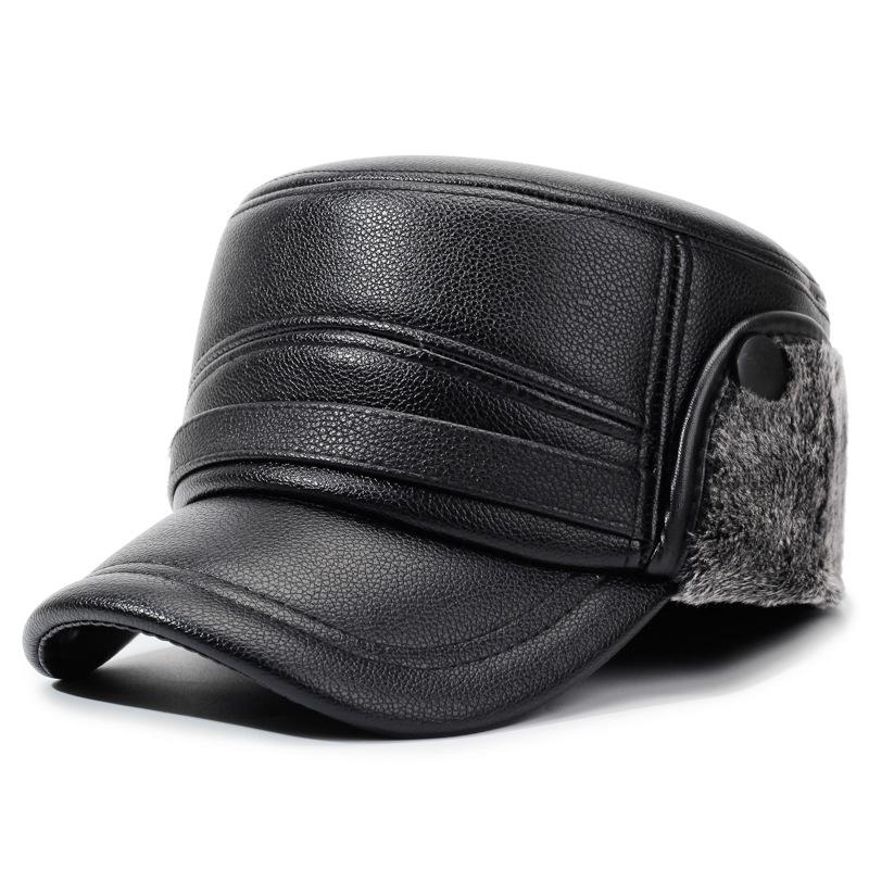 Vintage PU Leather Baseball Cap Men Flat Top Military Hat Winter Outdoor Warm Ear Protection Cap