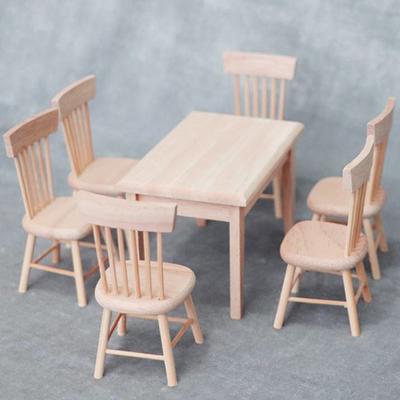 1:12 Dollhouse Miniature Furniture Wooden Dining Table With 6 Chair Model Set