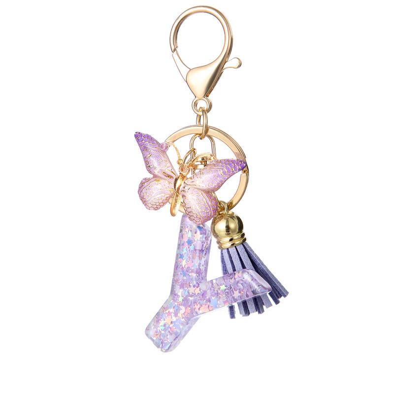 A-Z Alphabet Resin Keychain Purple Butterfly Tassel Pendant Classic Retro Durable Women Bag Accessory Practical Backpack Hanging Charm