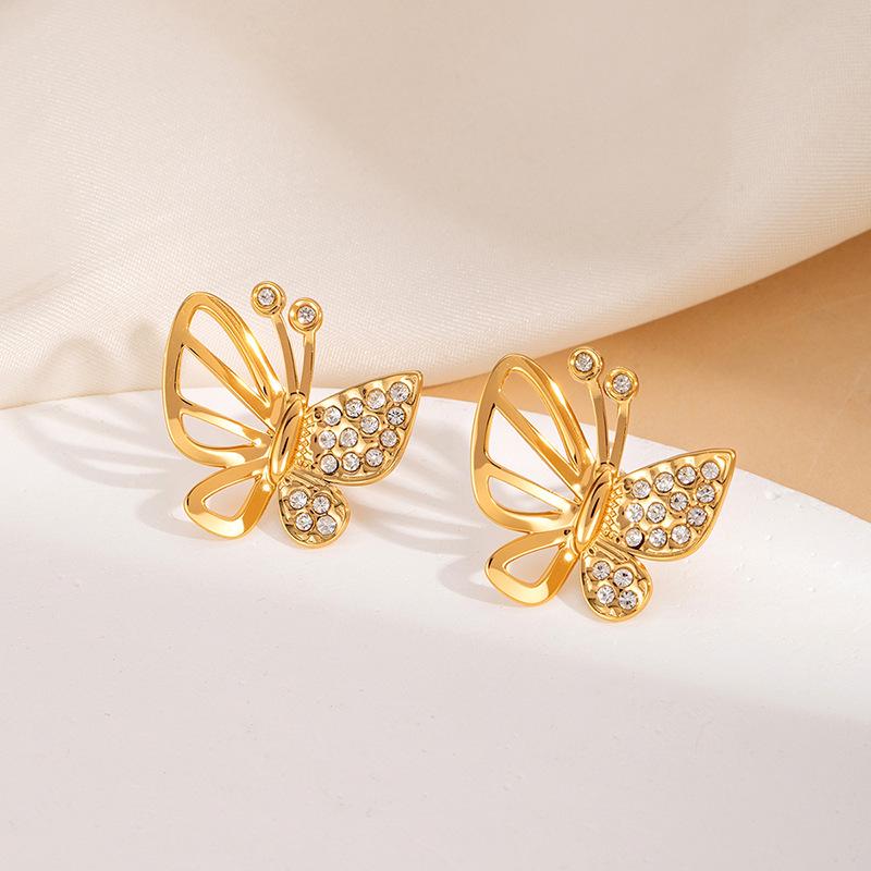 Elegant European & American Butterfly Stud Earrings: Stainless Steel, Full Diamond, Niche Style, Titanium Steel, High-End Fashion for Women