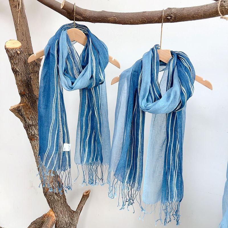 Linen Tie-Dye Scarf Gradual Change Imitation Blue Dye Batik Scarf Women'S Style Shawl Fringed Warm Silk Scarf