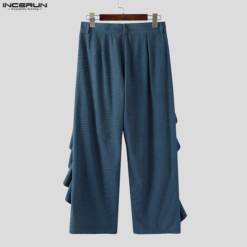 INCERUN Autumn Winter Men High Waist Solid Color Ruffled Casual Corduroy Long Pants