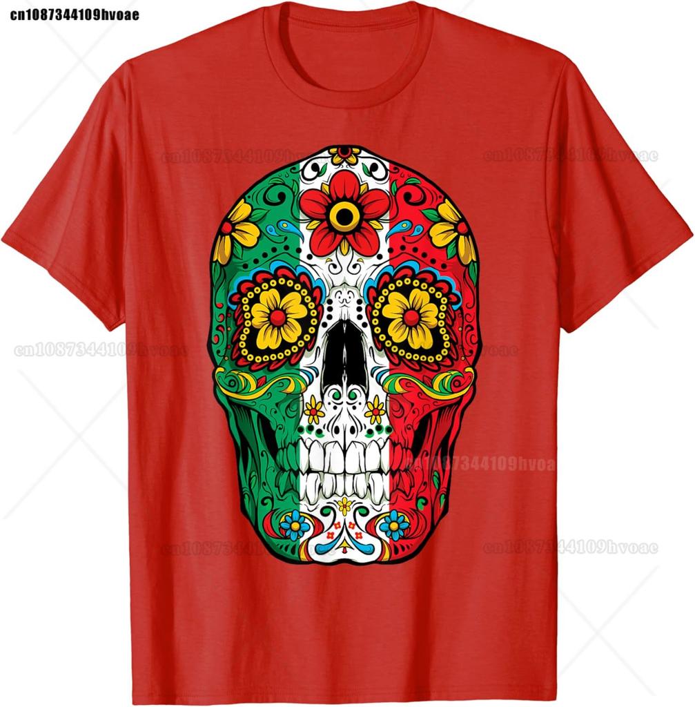 Day Of The Dead Sugar Skull  Mexican Flag T-Shirt