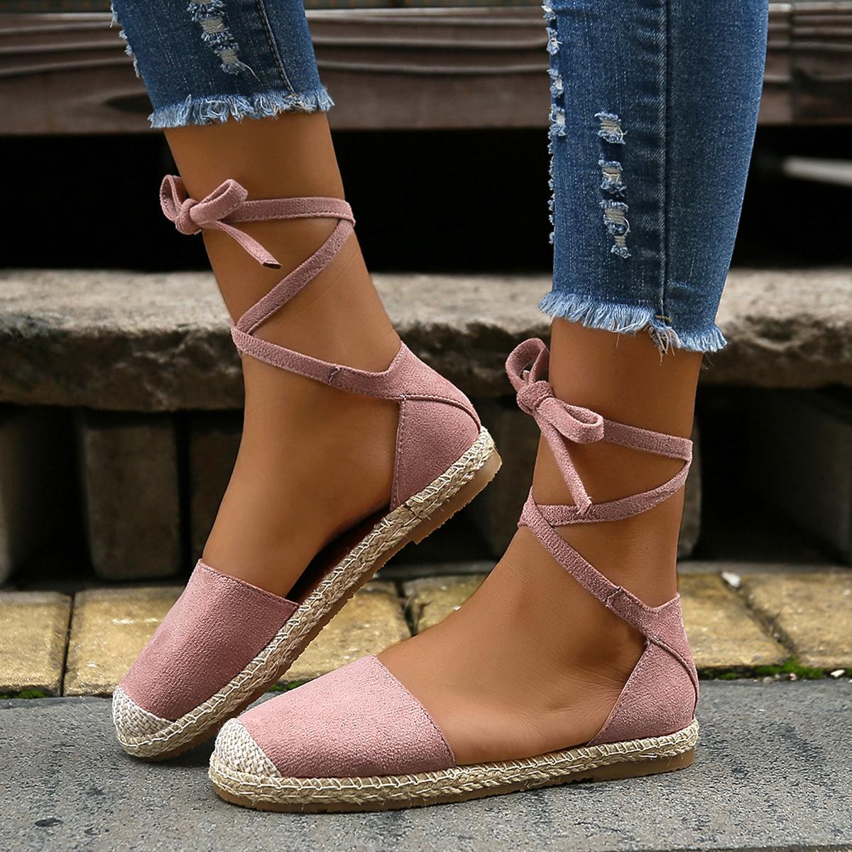 

Fashion Women Sandals Summer Fashion Round Toe Solid Casual Shoes Flat Ankle Lace Up Rattan Straw Sole Roman Sandals Designer Sandals 43 розовый