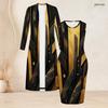 Women Plus Size Two Piece Set Long Sleeve Open Front Cardigan Round Neck Sleeveless Bodycon Dress Black Gold Printed