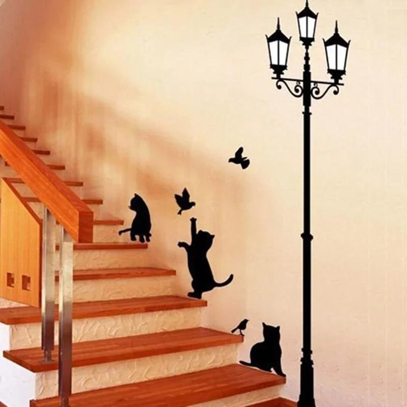 Kreatywny DIY Popularny Lampa w Starym Stylu Kot i Ptak Naklejka Ścienna Kreskówkowy Mural Dekoracja Domu Pokój Naklejka Dziecięca Tapeta