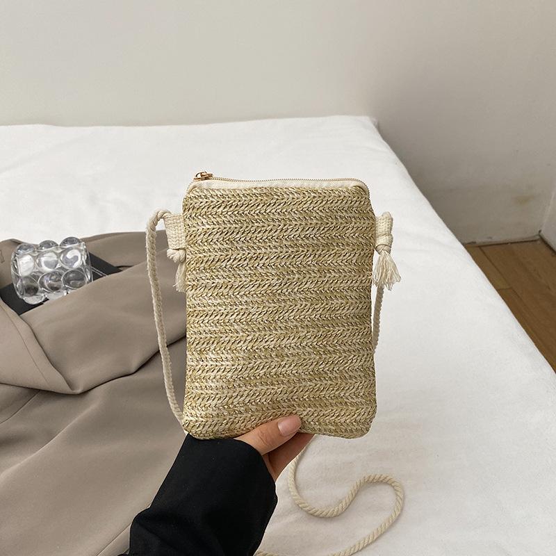 Straw Bag Women's 2025 New Solid Color Simple Shoulder Messenger Bag Travel Mobile Phone Bag Wallet Beach Women's Bag