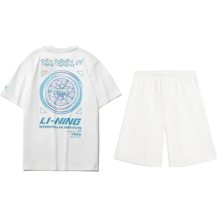 Li-Ning Fashionable Breathable Comfortable Round Neck Pullover Short Sleeve T-Shirt And Shorts Casual Sports Set Unisex Sets White AHSU969-3+AKST593-7