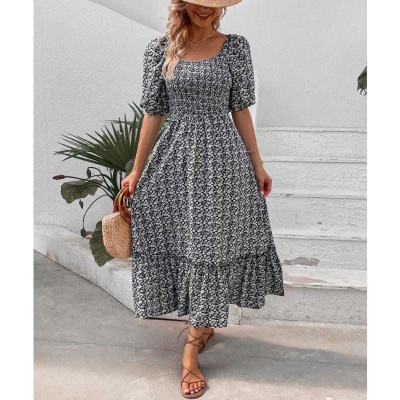 Summer three-quarter puff sleeve black and white floral dress