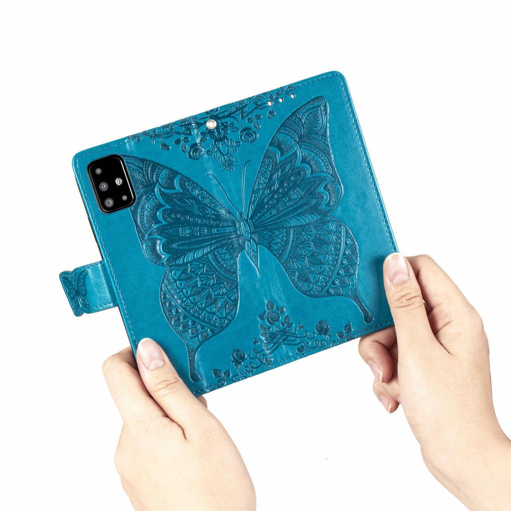 For Samsung Galaxy A51 4G SM-A515 Imprinted Butterfly Pattern Anti-scratch Phone Case PU Leather Stand Wallet Cover with Strap