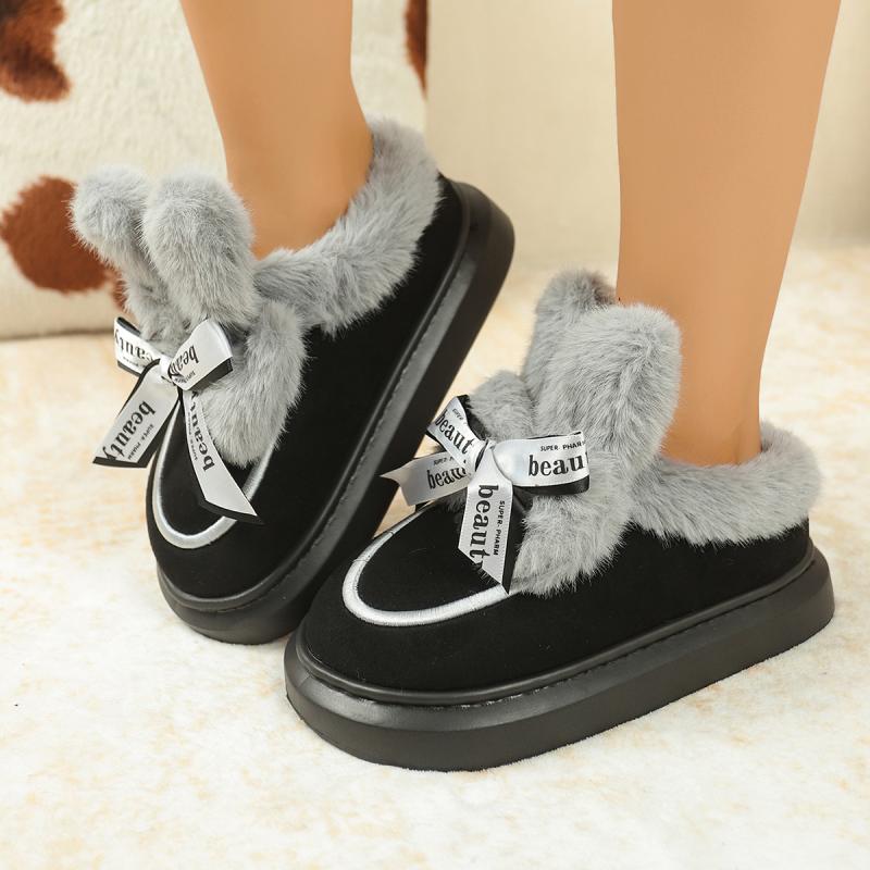 Fashion Sweet Shorts Plush Rabbit Ear Snow Boots Women Letter Printing Bowknot Warm Faux Fur Snow Boots Thicken Bottom Winter Shoes