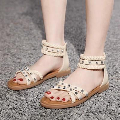 Women's Shoes  Fashion Back Zipper Women's Sandals  Rivet  Daily Sandals Women Summer Peep Toe Solid Flat Sandals