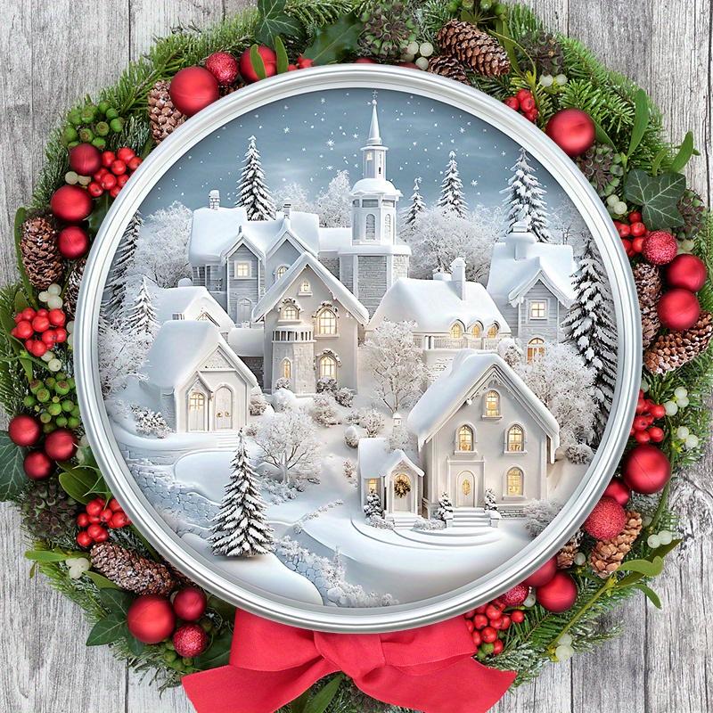 Rustic Christmas Wooden Sign with Snow House Pattern - Navidad Round Sign for Front Door, Wall Hanging Decor - Ideal Christmas Decoration