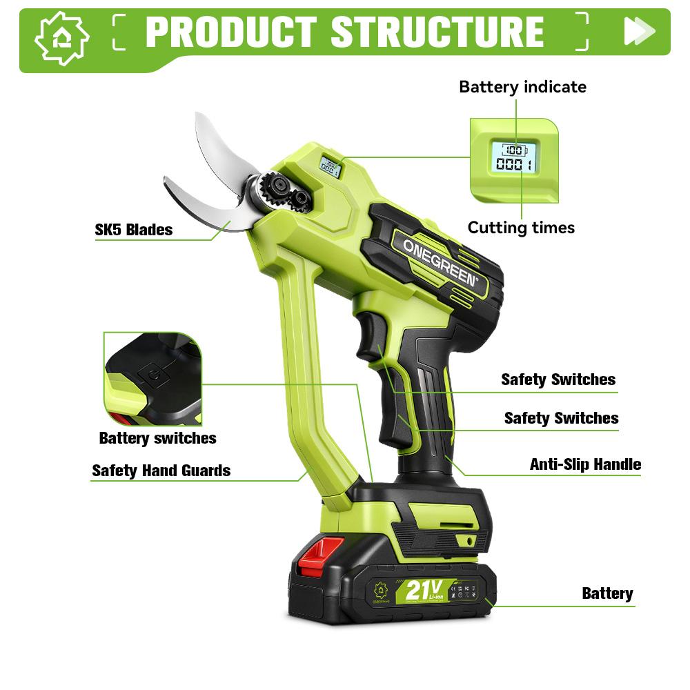 ONEGREEN Brushless 30MM Electric Pruner Shear 2 Gears Cordless Tree Bonsai Pruning Scissors Tools For Makita 21V Battery Pin