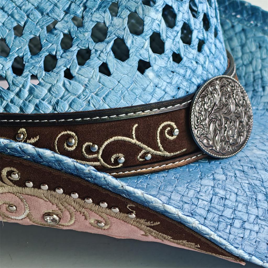 Blue Gradient Straw Cowboy Hat For Women And Men – Western Sun Hat For Country Concert Rodeo And Cowgirl Outfits