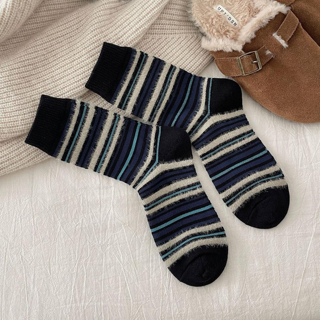 Thick Line Striped Color Blocking Contrast Imitation Mink Furry Socks Sweet Season Warm Socks