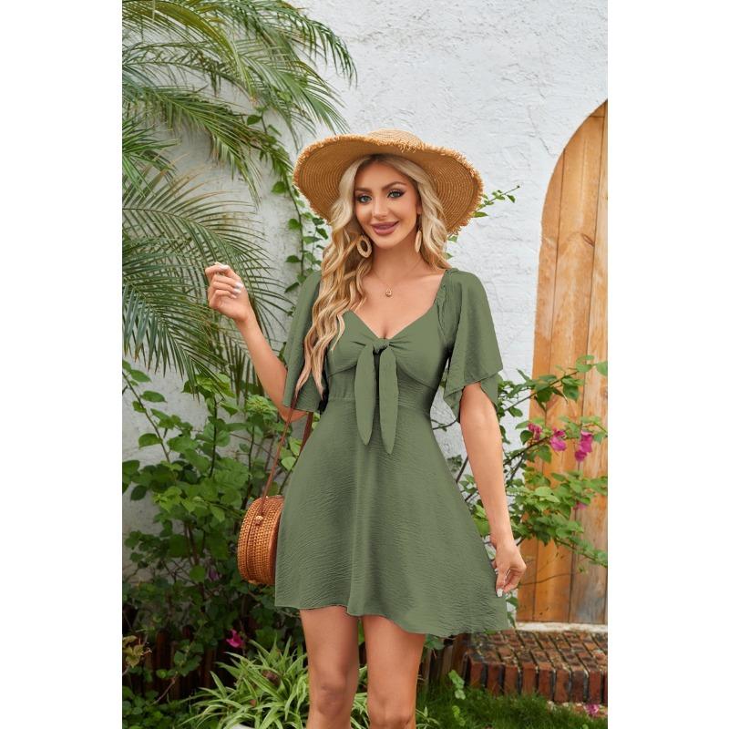 Women's Popular V-neck Bow Tie Tied Short Sleeved Mini Dress