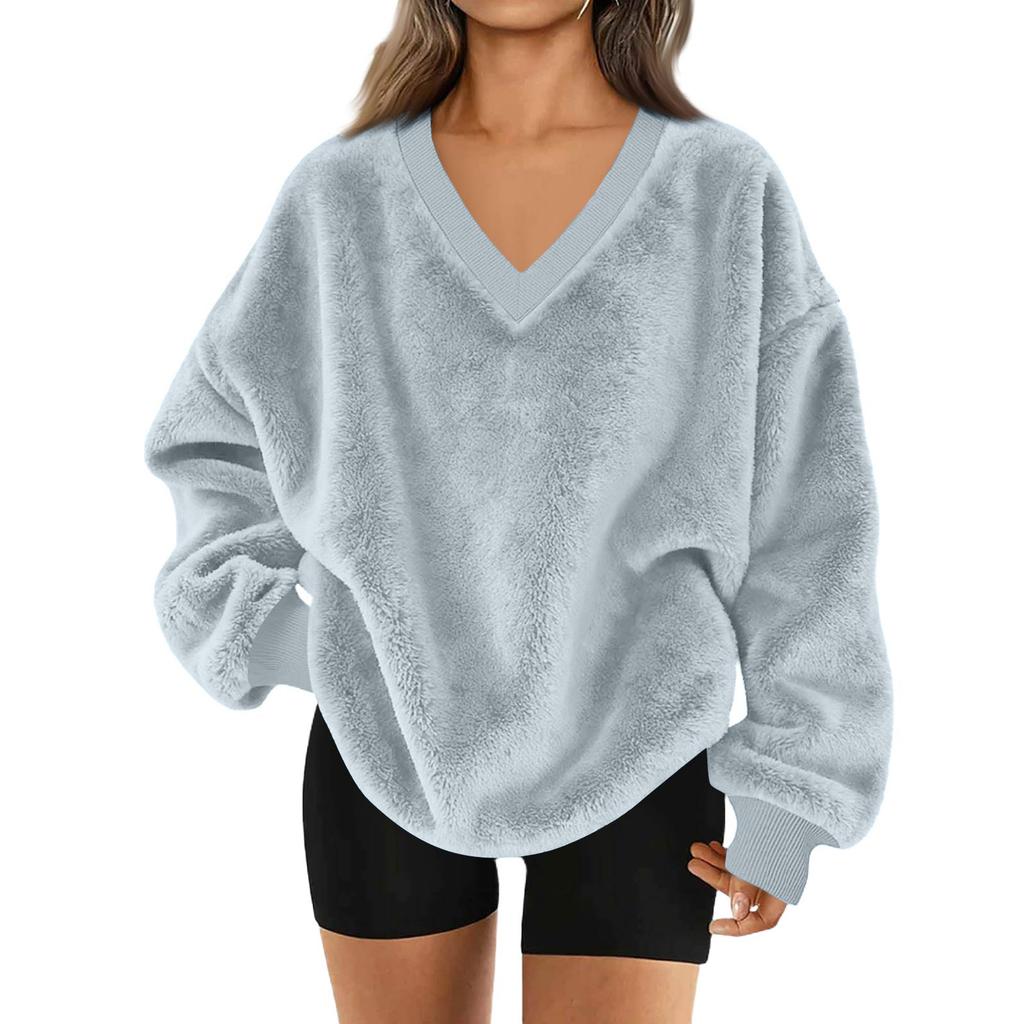 Women's V-Neck Sweatshirt Plush Color Casual Fashion Long Sleeve With Pocketed Pullover Top