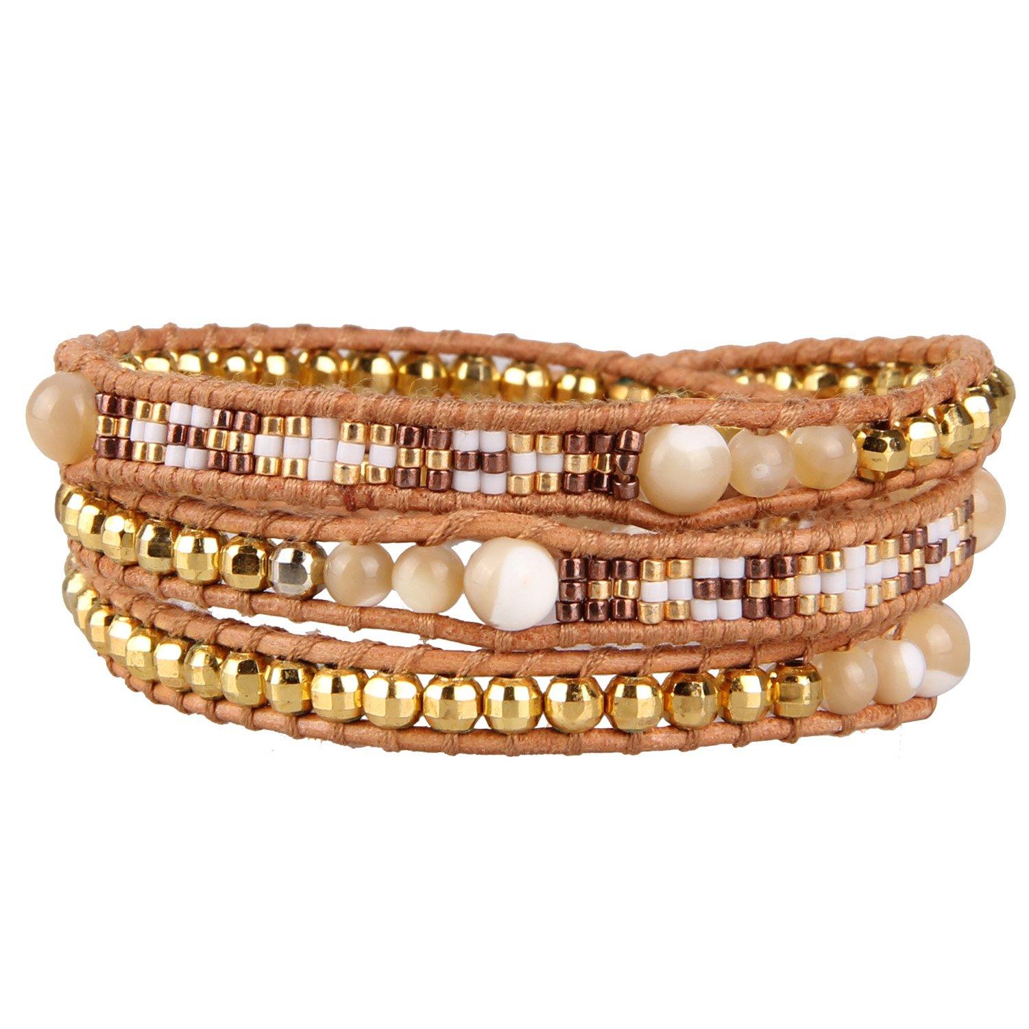 

[KELITCH] Shell Seed Bead Handmade Charm 3-Wrap Bracelet Christmas New Top Jewelry (Gold)