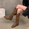 Vintage brown V-mouth pile of mid-top boots women's shoes 2025 spring/autumn winter pointed toe western denim boots