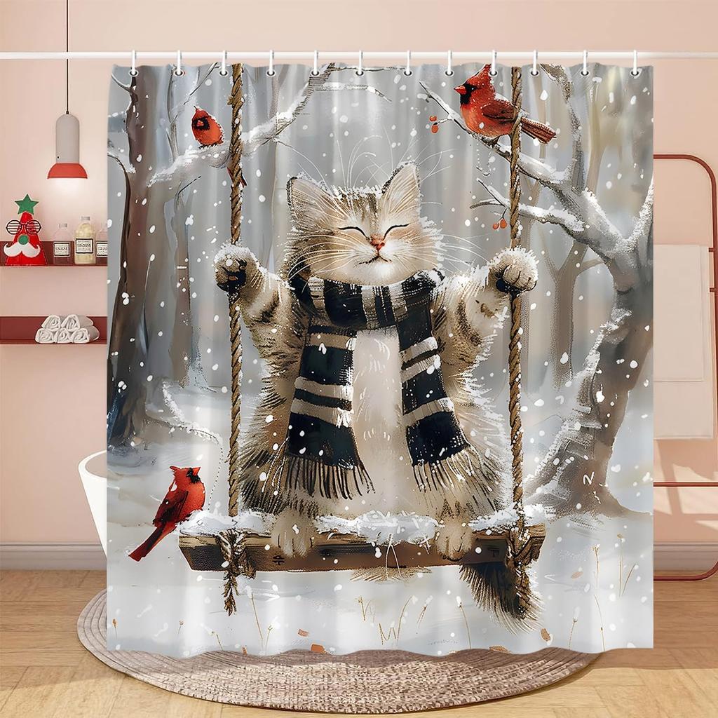 Merry Christmas Shower Curtain Cute Cat Red Bird Winter Snowflake Forest Snowy Xmas Holiday Polyester Fabric Bathroom Decor