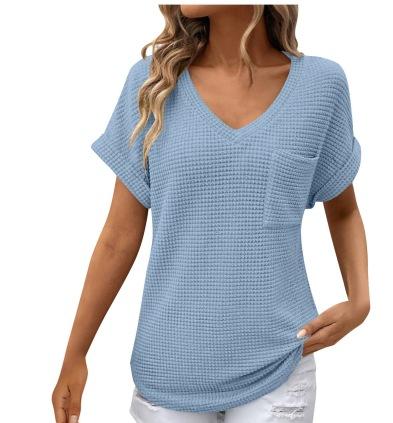 VEZFAA Damenmode, lässig, Sommer, Frühling, einfarbig, bedruckt, kurzärmelig, V-Ausschnitt, Blusen und Hemden
