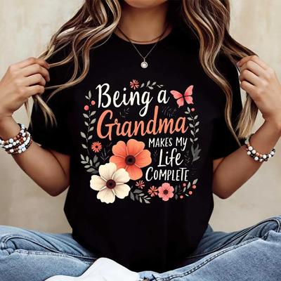 Camiseta Casual de Cuello Redondo con Diseño de Cita Floral para Abuela